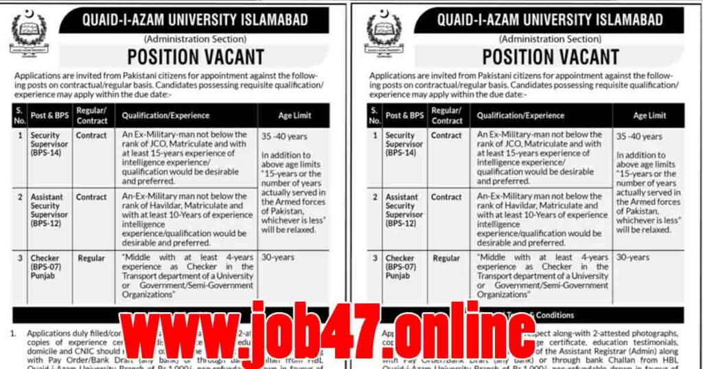 Job Openings at Quaid i Azam University 2024