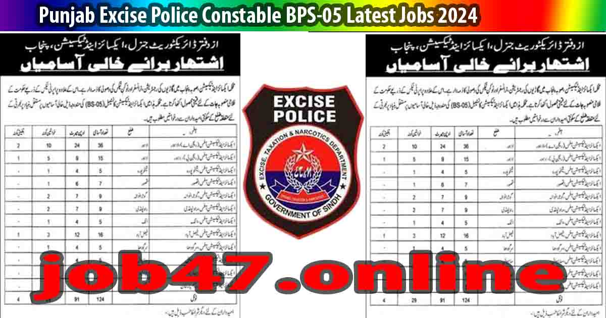 Punjab Excise Police Constable BPS-05 Latest Jobs 2024