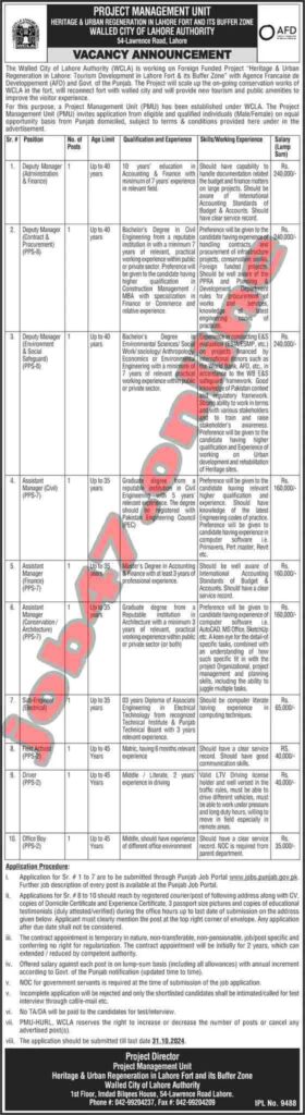 Walled City of Lahore Authority (WCLA) Jobs 2024